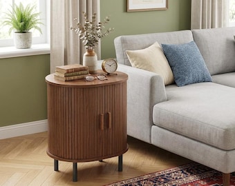 Fluted Oval End Table with Built-In Power Hub, Sliding Door & Adjustable Shelf, Mid-Century Accent Nightstand for Bedroom or Living Room