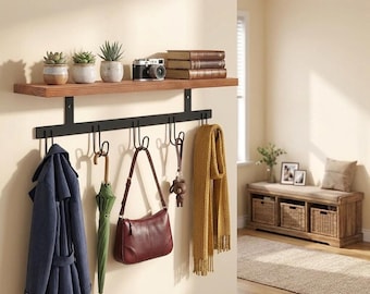 Rustic Wall Coat Rack with Wood Shelf, 5 Heavy Duty Hooks, Entryway Organizer for Hats, Bags, Towels & Home Storage