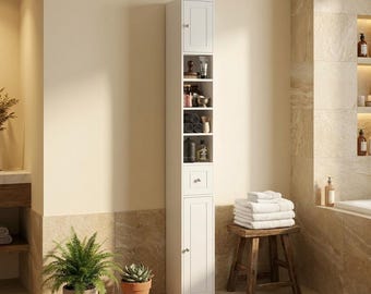 Slim Bathroom Storage Tower, Tall Floor-Standing Cabinet with Two Doors, One Drawer & Four Adjustable Shelves, Space-Saving Organizer