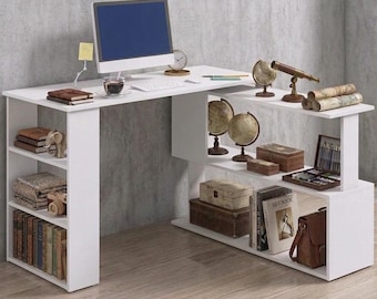 L-Shape Computer Desk, Rotating Corner Office Table with Storage Shelves, Workstation for Home, Study & Gaming