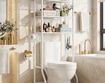 Freestanding Over Toilet Storage Rack, 3 Tier  Bathroom Organizer,  Space Saver Shelf with Toilet Paper Holder & 3 Handy Hooks