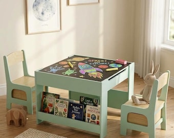 Wooden Kids Table & Chairs Set, Four-in-One Activity Station, Toddler Art Desk with Storage, Chalkboard, Reversible Tabletop and Bookshelf