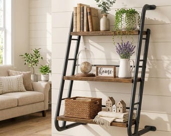 3 Tier Rustic Wood Ladder Wall Shelf, Brown Floating Display Shelves, Farmhouse Home Decor, Space Saving Storage for Any Room