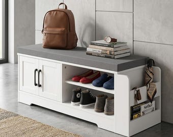 Entryway Shoe Storage Bench with Padded Seat, Adjustable Shelves, Side Rack & Multi-Purpose Organizer for Living Room or Bedroom