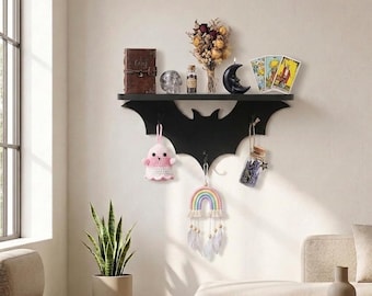 Gothic Bat Floating Shelf, Wall Shelf with 3 Key Hooks, Spooky Halloween Decor, Witchy Display Shelf for Bedroom, Living Room