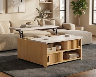 Lift Top Coffee Table, Hidden Storage, Fluted Sliding Doors, Travertine Look, Power Hub, Home Office Table
