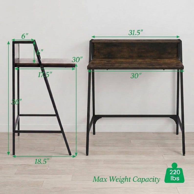 May include: A dark brown wood-grain desk with a black metal frame, shown from side and front views with green dimension lines. The desk features a top shelf and a main work surface. Dimensions are 31.5 inches wide, 36 inches high, and 220 lbs capacity.