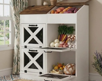 Vegetable Storage Keeper with Lid, Farmhouse Veggie Storage, Root Vegetable Box, Bread & Snack Organizer with Mesh Doors