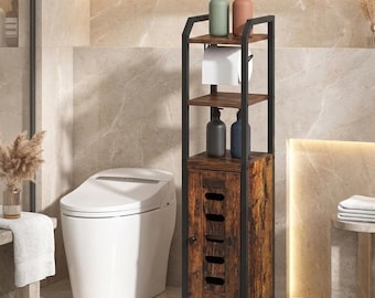 Slim Rolling Toilet Paper Storage Cabinet with Adjustable Shelf, Compact Bathroom Organizer, Space-Saving Tissue Holder on Wheels