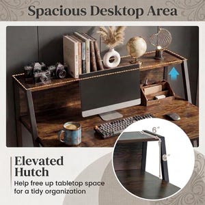 May include: A dark wood desk with a black metal frame, featuring an elevated hutch for storage. The hutch includes a 6-inch vertical clearance. The desk surface holds a computer monitor, keyboard, mouse, mug, books, a globe, and a lamp.