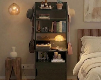 Tall Nightstand with Power Hub & Enclosed Storage, Modest Bookshelf End Table for Bedroom, Living Room or Home Office