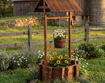 Rustic Wooden Wishing Well Planter for Yard, Adjustable Hanging Bucket, Outdoor Flower Pot, Garden Patio Decor, Well Cover