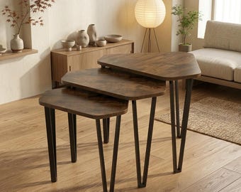 Trio Stackable Coffee Table Set, Triangle Side Tables with Curved Corners, Sturdy Frame, Space-Saving Living Room Furniture