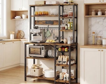 Kitchen Coffee Nook Cabinet Rack, 6-Tier Microwave Stand with Power Outlet, S Hooks & Open Storage Shelves for Spices and Cooking Essentials