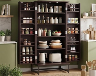 Floor-Standing Kitchen Pantry Cabinet with Metal Base, Customizable Shelves, Ample Storage Cupboard for Kitchen, Bathroom & Hallway