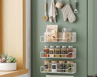 Magnetic Spice Rack Set of 5, Fridge Organizer Shelves, Strong Hold No Drill Kitchen Storage, Space Saving Pantry & Laundry Room Organizer