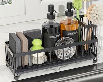 Large Kitchen Sink Caddy Organizer with Drying Stone, Sponge Holder, Dish Brush Storage, Countertop Organizer, Kitchen Decor