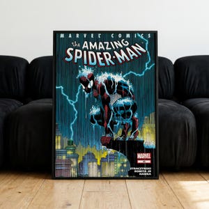 Könnte beinhalten: Ein gerahmtes Comic-Cover mit dem Titel The Amazing Spider-Man, das einen schwarz gekleideten Spider-Man zeigt, der während eines Regensturms auf einem Dach kauert, mit blauen Blitzen im Hintergrund und einer Skyline am unteren Rand.