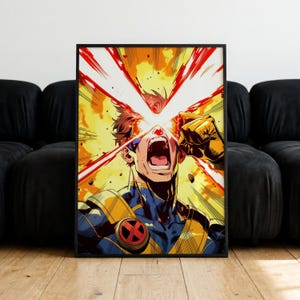 May include: A framed comic book style art print featuring a character with brown hair wearing a blue and yellow suit with a red X emblem. The character has their mouth open in a shout, with bright red energy beams emitting from their eyes.