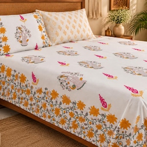 Set di lenzuola in cotone stampato a mano con tecnica block print, misura 108x108, biancheria da letto in percalle king size con 2 federe, copriletto boho floreale indiano.