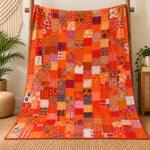 May include: A rectangular patchwork quilt featuring a vibrant array of orange, red, and multi-coloured fabric squares. The quilt displays a variety of intricate floral and geometric patterns across its surface, stitched together in a grid layout.