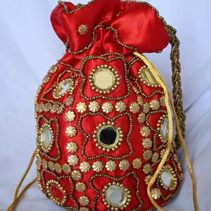 Handmade Indian Potli Bag, Mirror Work Embroidered Purse, Wedding Favor Bag, Bridal Drawstring Pouch, Ethnic Gift Bag, Bridesmaid Purse