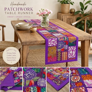 May include: A rectangular patchwork table runner featuring a vibrant purple border and a central panel composed of various multicolored fabric squares with intricate floral embroidery, beadwork, and sequin embellishments in diverse patterns.