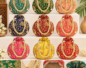 Handgemaakte geborduurde Potli-tas, Indiase zijden tas met trekkoord, huwelijksbedanktasje, bruidsgeschenkzakje, cadeau voor bruidsmeisjes, feestelijke Potli