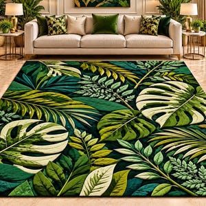 Handmade-Style Tropical Leaf Rug, Green Botanical Area Rug, Jungle Pattern Carpet, Modern Decor