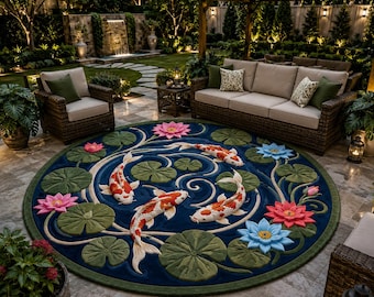 May include: A large circular area rug featuring a deep blue background with a raised, textured design of three white and orange koi fish swimming among green lily pads and blooming pink and light blue lotus flowers on a stone patio.