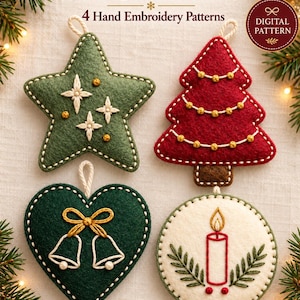 May include: Four Christmas felt ornaments featuring hand embroidery patterns: a green star with white stars, a red tree with gold beads, a dark green heart with two bells, and a cream circle with a candle. Text reads: Christmas Felt Ornaments 4 Hand Embroidery Patterns, Digital Pattern, Printable Templates, Illustrated Guides.