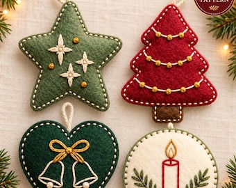 May include: Four Christmas felt ornaments featuring hand embroidery patterns: a green star with white stars, a red tree with gold beads, a dark green heart with two bells, and a cream circle with a candle. Text reads: Christmas Felt Ornaments 4 Hand Embroidery Patterns, Digital Pattern, Printable Templates, Illustrated Guides.