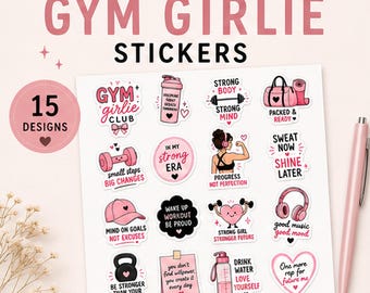 15 Gym Girlie Stickers, Pink Fitness Motivation Printable Pack (Digital Download)
