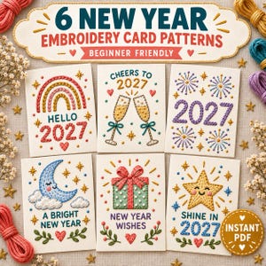 Puede incluir: Un conjunto de seis tarjetas de felicitación blancas con diseños bordados de Año Nuevo que incluyen un arcoíris, copas de champán, fuegos artificiales, una luna creciente, un regalo y una estrella, con el texto 6 NEW YEAR EMBROIDERY CARD PATTERNS.