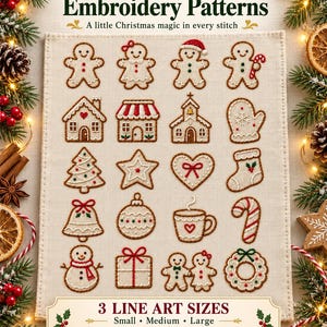 May include: A digital embroidery pattern guide titled 20 Mini Gingerbread Embroidery Patterns featuring twenty stitched holiday icons including gingerbread people, houses, a star, heart, stocking, bell, ornament, mug, candy cane, and wreath.
