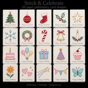 Puede incluir: Una colección de 20 tarjetas de papel blanco con coloridos diseños bordados. Las dos filas superiores muestran motivos navideños como árboles, adornos y calcetines con el texto Merry Christmas. Las filas inferiores muestran temas de cumpleaños con pasteles, globos y flores con el texto Happy Birthday.