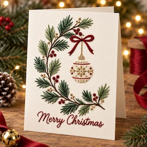 May include: A cream-coloured greeting card featuring an embroidered design of a curved pine branch with red berries and gold accents. A white and gold ornament hangs from a red bow. The text Merry Christmas is printed in red at the bottom.