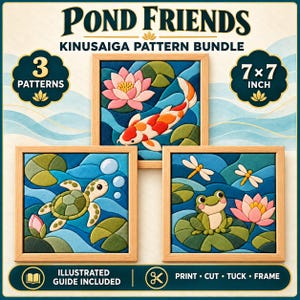 Puede incluir: Un paquete de patrones Kinusaiga Pond Friends con tres piezas de arte cuadradas enmarcadas de 7x7 pulgadas. Los diseños incluyen un pez koi con loto, una tortuga marina con burbujas y una rana con libélulas y loto. Incluye una guía ilustrada.