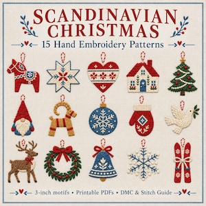 以下が含まれることがあります： 「Scandinavian Christmas」と題された15種類のハンド刺繍パターンのコレクション。ダーラナホース、星、ハート、家、木、ノーム、雄羊、オーナメント、ミトン、鳩、トナカイ、リース、ベル、雪の結晶、スキーなどのモチーフが描かれており、各モチーフは7.6cmのサイズです。