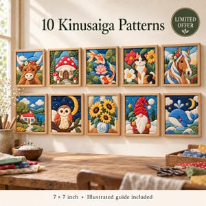 May include: Ten square Kinusaiga fabric art patterns displayed on a wall, featuring colorful scenes of a cow, mushroom house, koi fish, cat, horse, landscape, owl, sunflowers, gnome, and whale. Text reads 10 Kinusaiga Patterns and 7 x 7 inch.