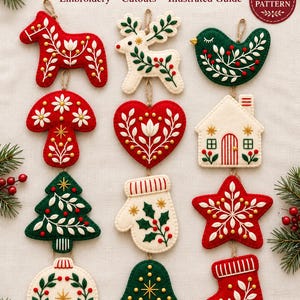 May include: A collection of 12 Nordic Christmas felt ornament patterns featuring embroidery, cutouts, and an illustrated guide. The set includes shapes like a horse, reindeer, bird, mushroom, heart, house, tree, mitten, star, bauble, bell, and stocking.