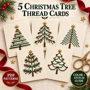 May include: Five off-white rectangular cards featuring embroidered Christmas tree designs with green thread, red and white beads, and gold star toppers. The text reads 5 CHRISTMAS TREE THREAD CARDS, PDF PATTERNS, and COLOR + STITCH GUIDE.