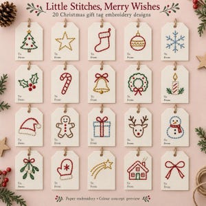 Op de afbeelding: Twintig gebroken witte rechthoekige cadeaulabels met geborduurde kerstontwerpen zoals een boom, ster, kous, ornament, sneeuwvlok, hulst, zuurstok, bel, krans, kaars, muts, peperkoekman, cadeau, rendier, sneeuwpop, maretak, want, vallende ster, huis en strik. Elk label heeft To: en From: onderaan.