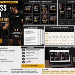 Könnte beinhalten: Ein Social-Media-Kit für Fitness-Coaches mit 30 Instagram- und Facebook-Beiträgen, 10 Story-Vorlagen, 30 fertigen Texten und einem 30-Tage-Inhaltskalender. Das Kit enthält eine PDF-Anleitung und ist in Canva bearbeitbar, dargestellt auf einem Laptop.