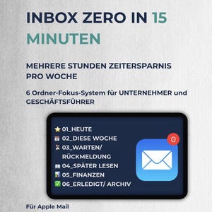 May include: A digital graphic displaying the text INBOX ZERO IN 15 MINUTEN, MEHRERE STUNDEN ZEITERSPARNIS PRO WOCHE, and 6 Ordner-Fokus-System für UNTERNEHMER und GESCHÄFTSFÜHRER. A tablet screen shows a list of six email folders and an app icon.