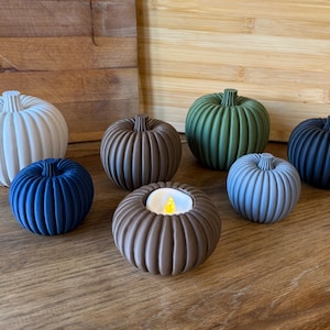 May include: A collection of seven small, ribbed pumpkin-shaped decorative objects in various solid colours including white, dark blue, brown, olive green, light grey, and black. One brown pumpkin features a hollow centre with a small LED tea light.