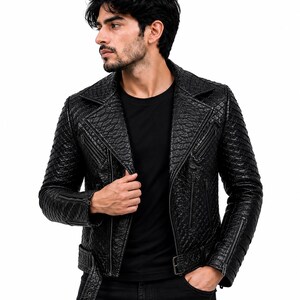 Men's Black Nappa Leather Motorcycle Jacket – Python Pattern, Asymmetric Zipper, Biker Style