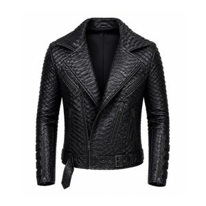 Black Cow Nappa Leather Biker Jacket, Men’s Python Texture Motorcycle Jacket, Asymmetric Zip Moto Jacket