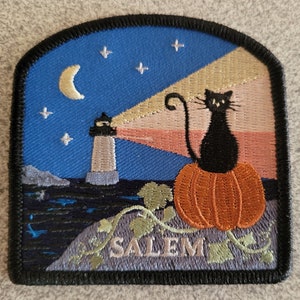 Halloween Cat with Autumn Moon and Lighthouse Embroidered Patch,  Salem Ma, Halloween, Cartoon Cat, Winter Island Light House