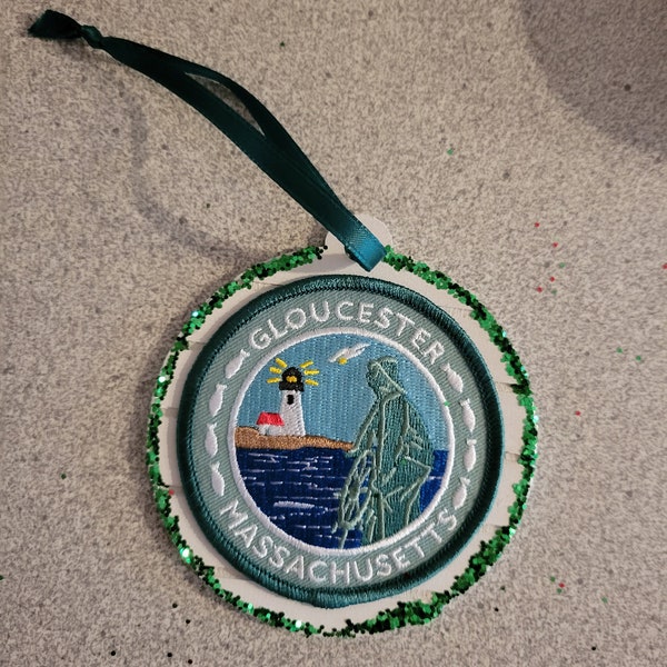 Fisherman at the wheel  Embroidered Patch Christmas Ornament  Gloucester Ma